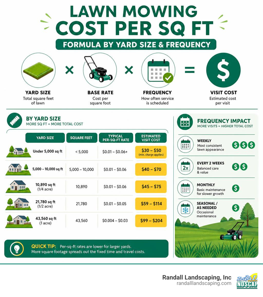 Infographic showing lawn mowing cost per square foot formula by yard size and frequency infographic