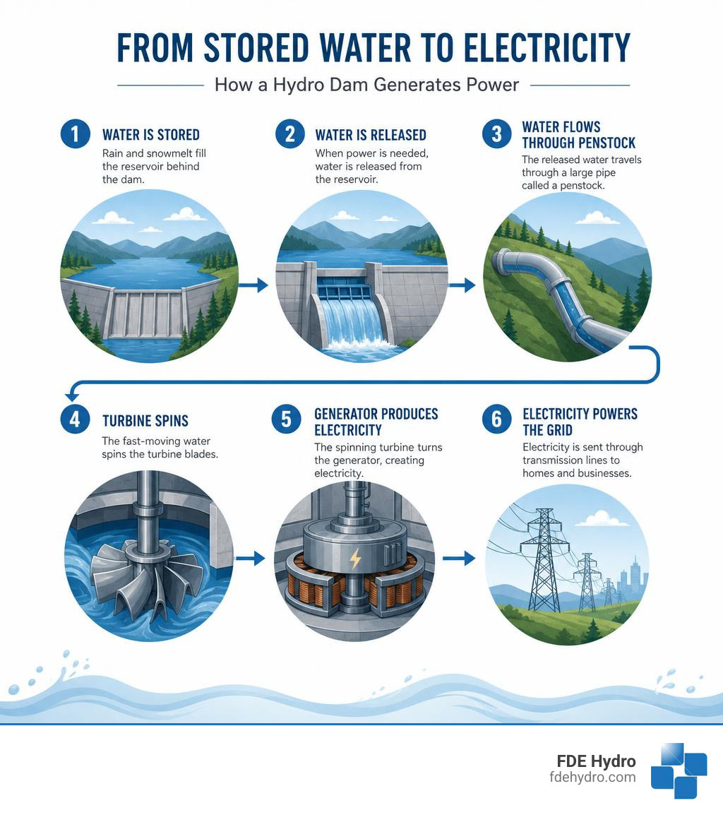 How stored water in a hydro dam reservoir becomes electricity step by step infographic How stored water in a hydro dam reservoir becomes electricity step by step infographic