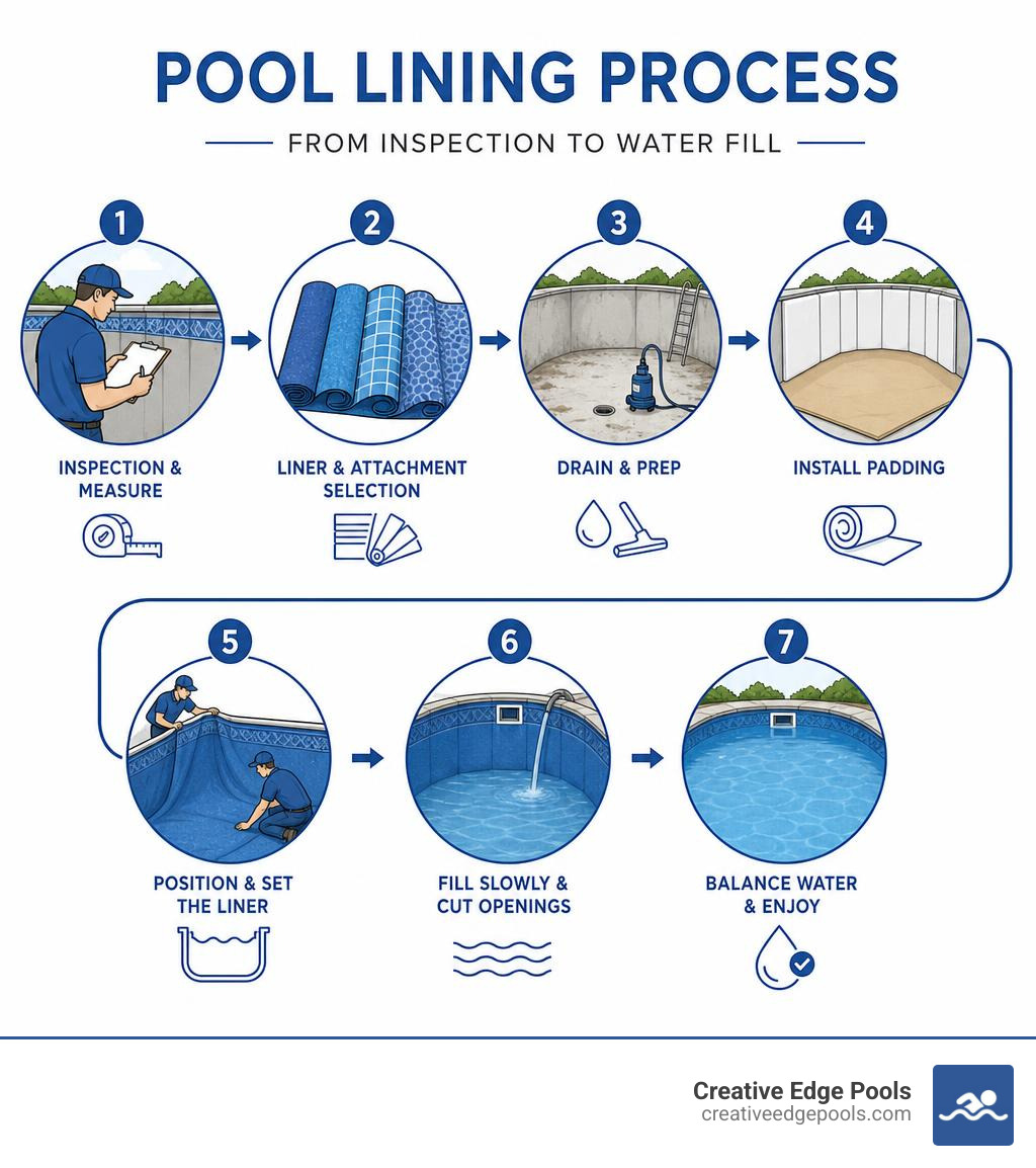 Pool lining process infographic from inspection and liner selection through draining prep installation and water fill