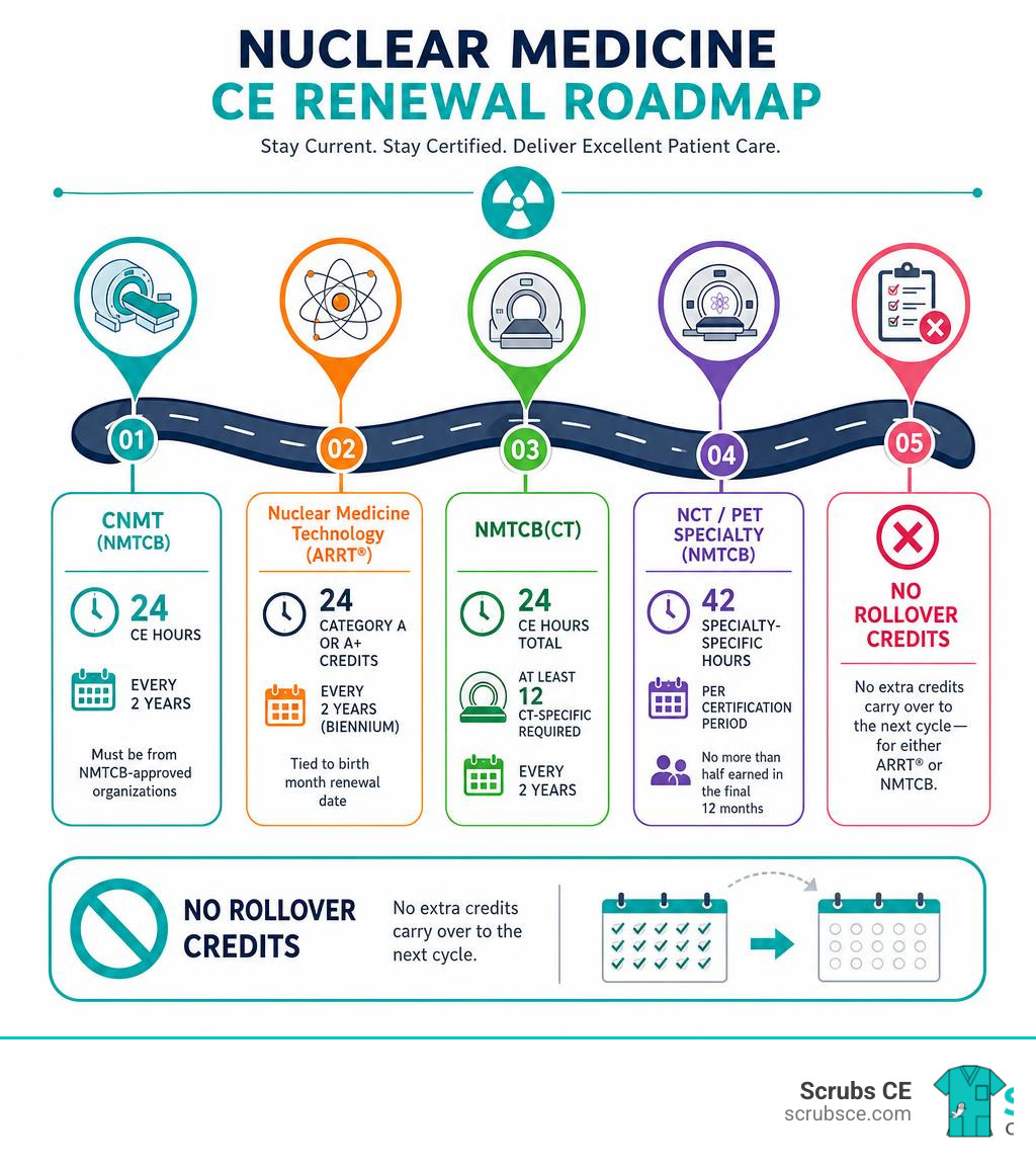 Nuclear medicine CE renewal roadmap infographic: CNMT 24 credits/2 years, ARRT® 24 Category A credits/biennium, NMTCB(CT) 12 Nuclear medicine CE renewal roadmap infographic: CNMT 24 credits/2 years, ARRT® 24 Category A credits/biennium, NMTCB(CT) 12