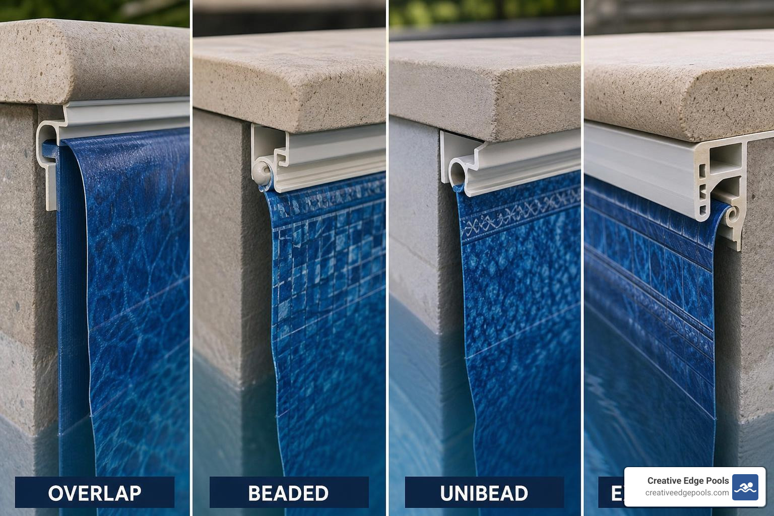 unbranded pool liner attachment profiles overlap beaded unibead and expandable