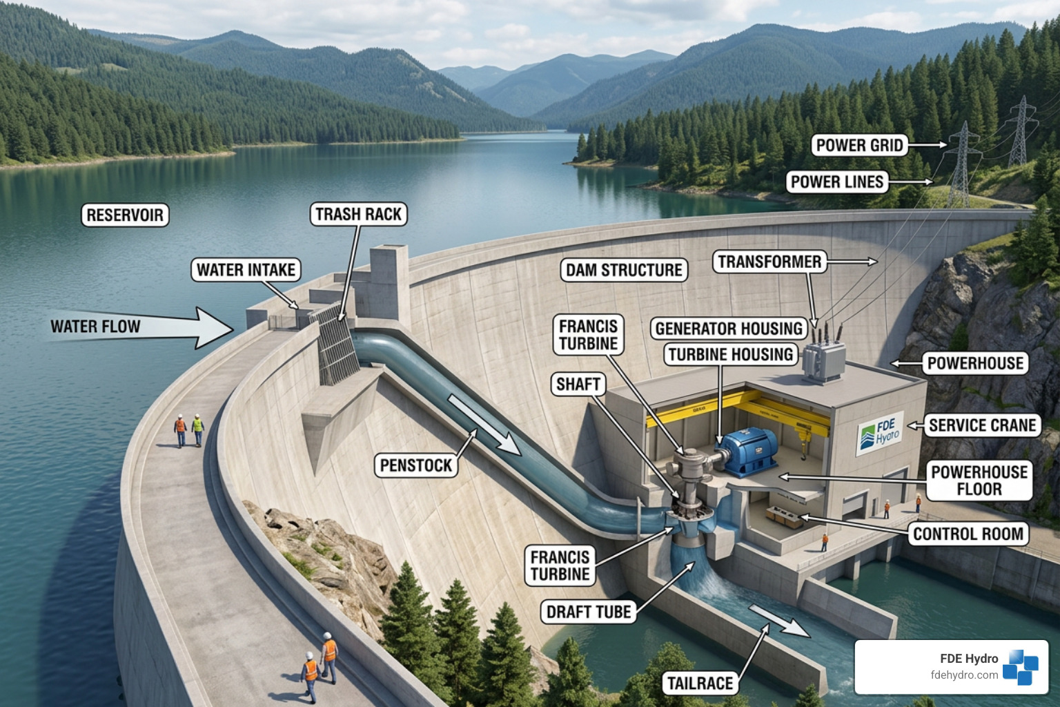 Labeled diagram of a conventional hydro dam powerhouse and reservoir Labeled diagram of a conventional hydro dam powerhouse and reservoir