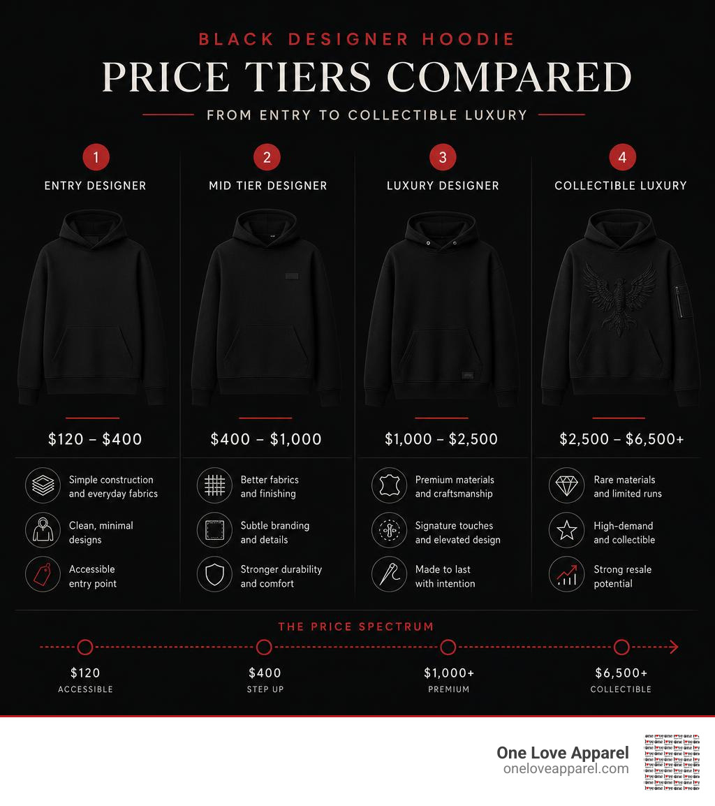 infographic comparing black designer hoodie price tiers from entry to collectible luxury infographic