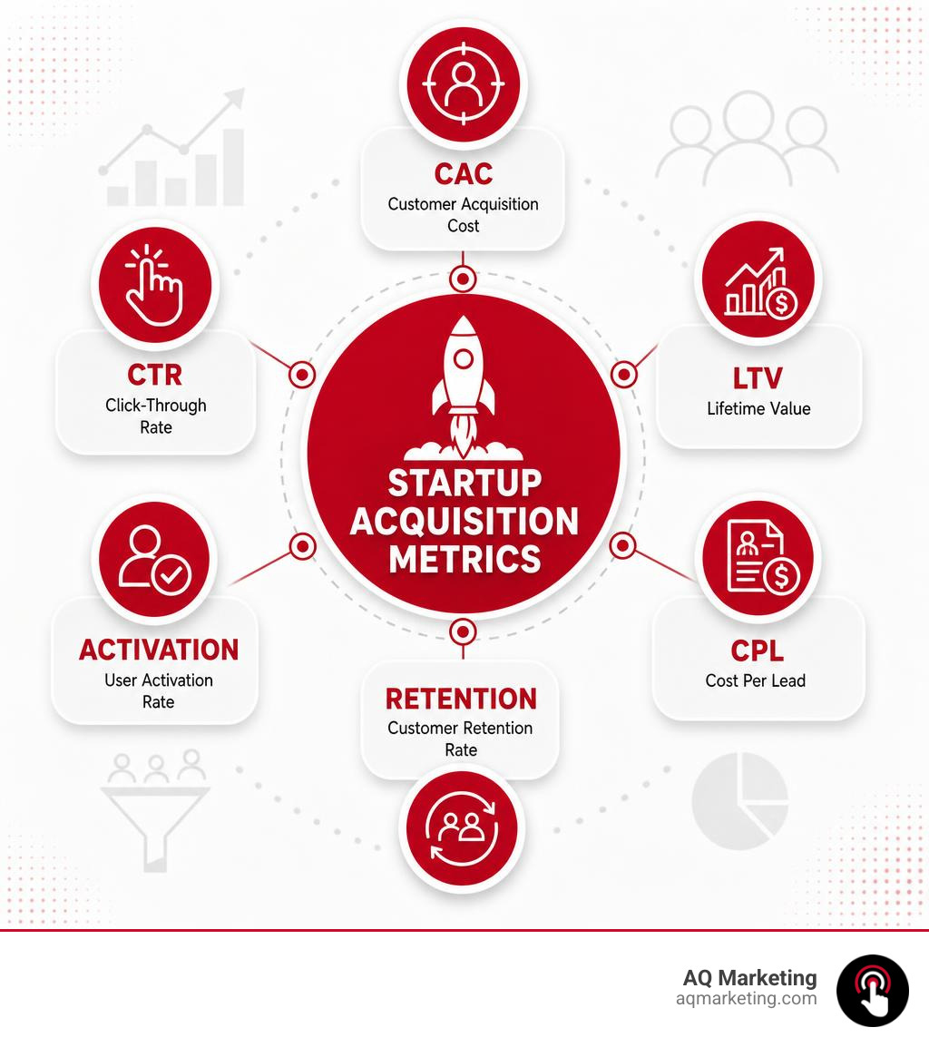 startup acquisition metrics infographic showing CAC LTV CTR CPL activation retention infographic startup acquisition metrics infographic showing CAC LTV CTR CPL activation retention infographic