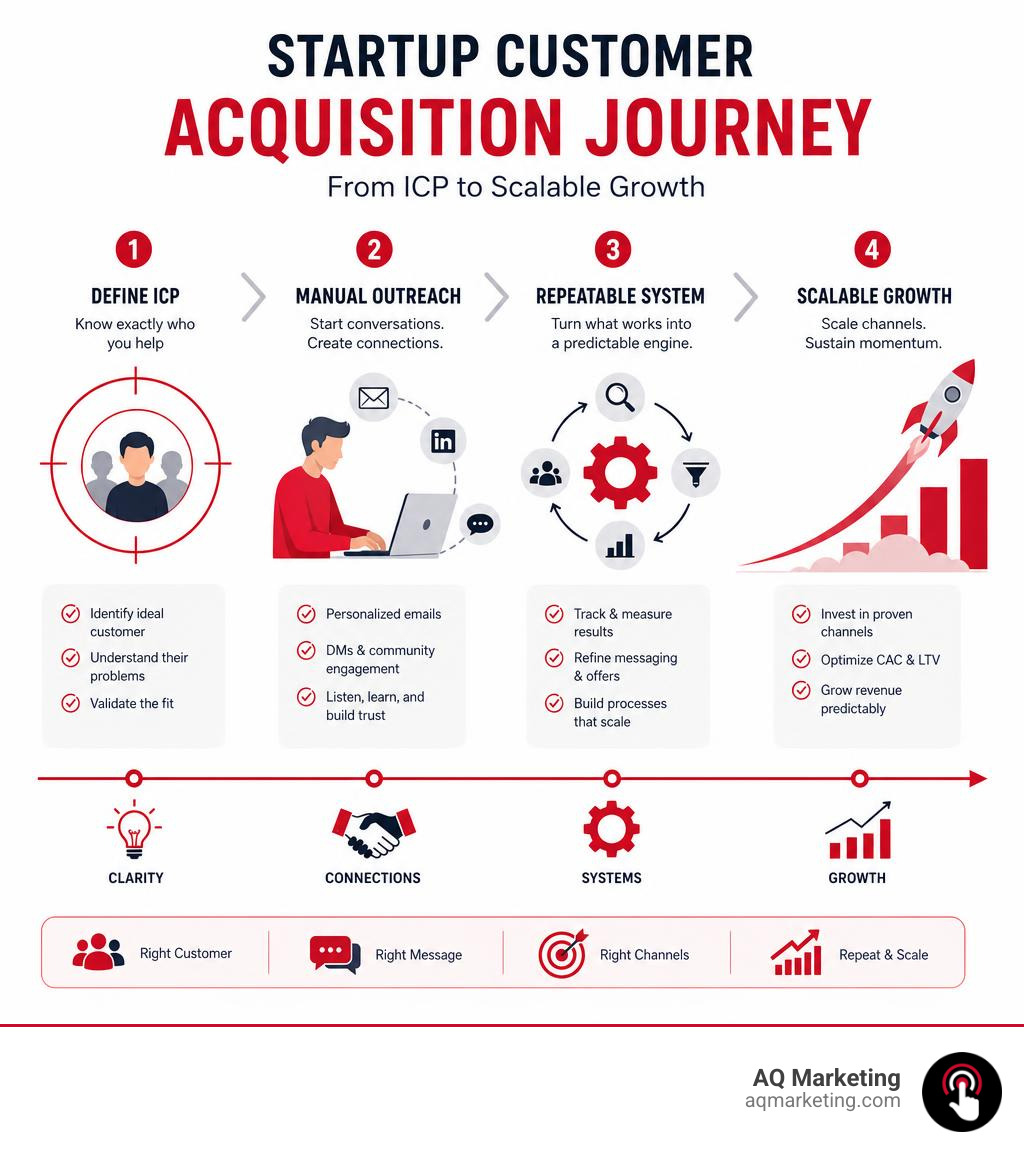 Startup customer acquisition journey infographic: ICP definition to manual outreach to repeatable system to scalable growth Startup customer acquisition journey infographic: ICP definition to manual outreach to repeatable system to scalable growth