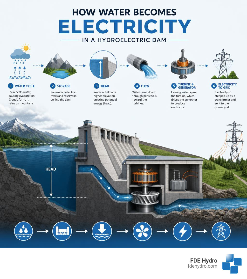 Infographic: How water becomes electricity in a hydroelectric dam — water cycle, head, flow, turbines, generator, grid