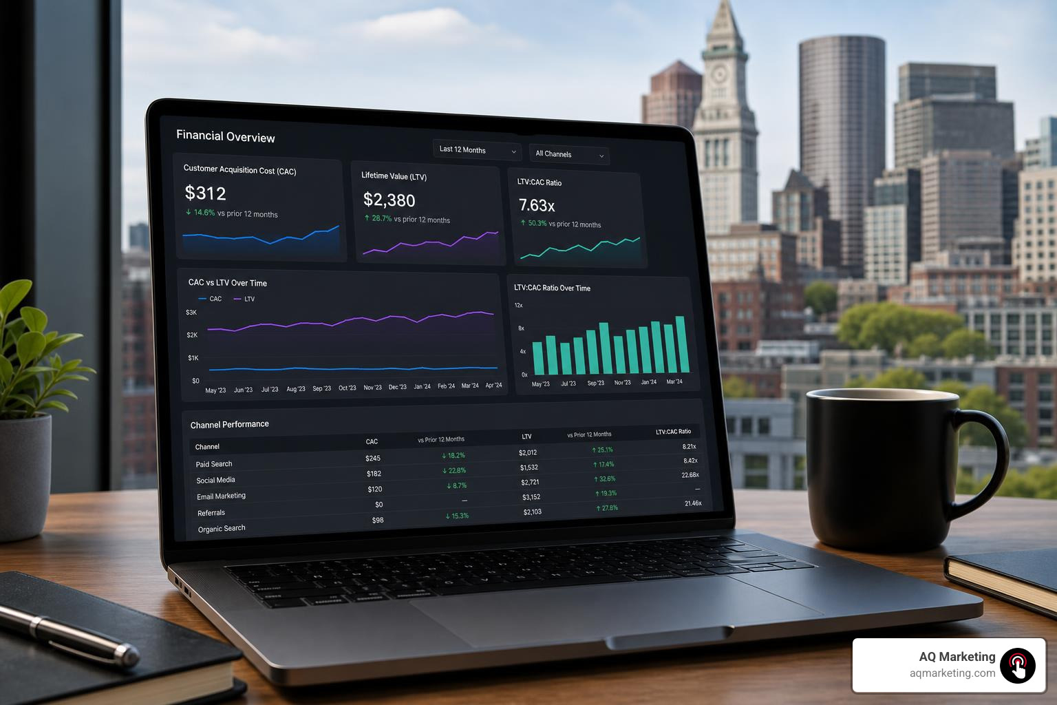 financial dashboard showing CAC and LTV metrics with Boston skyline aesthetic financial dashboard showing CAC and LTV metrics with Boston skyline aesthetic