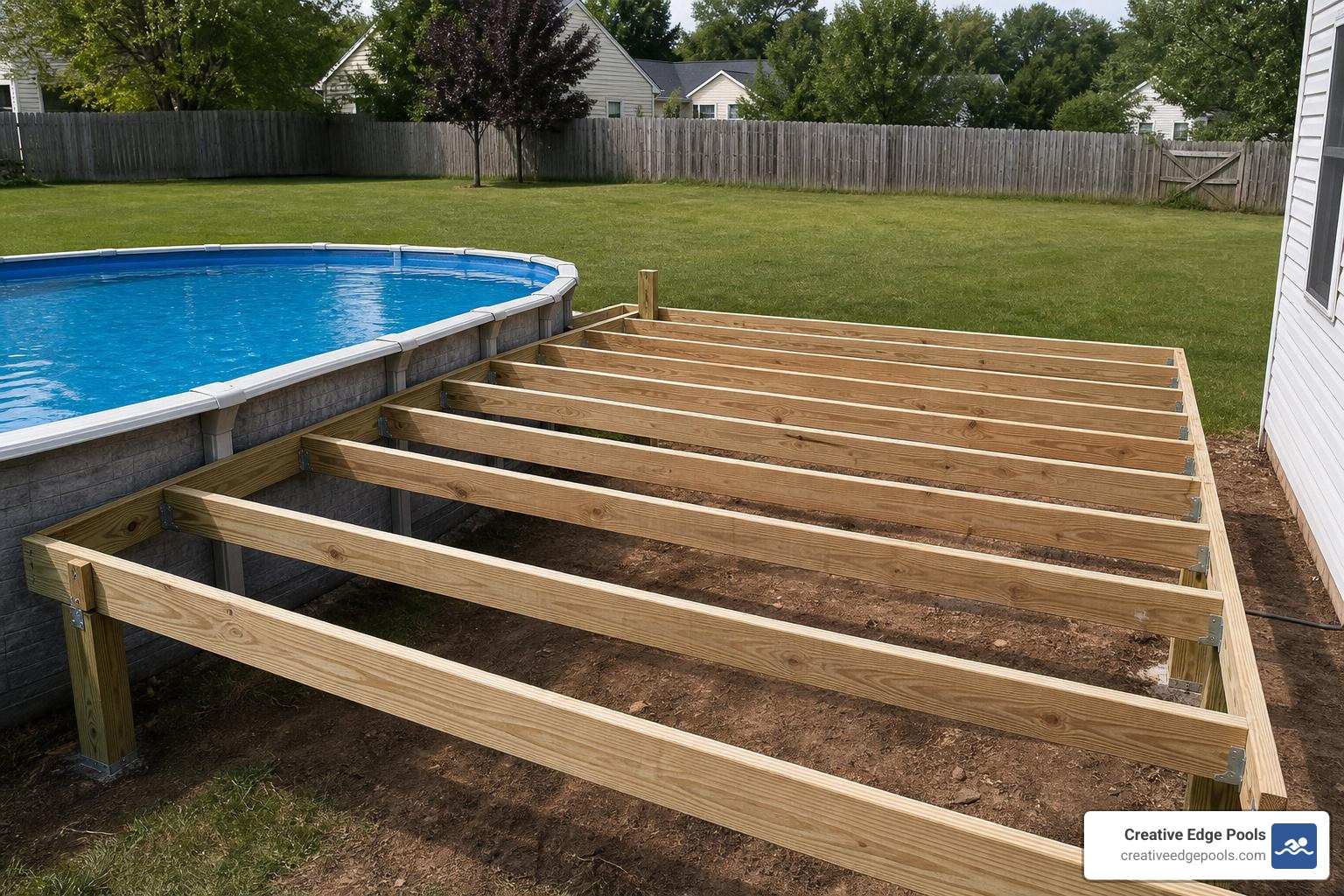 deck framing beside oval above-ground pool with no visible brand marks