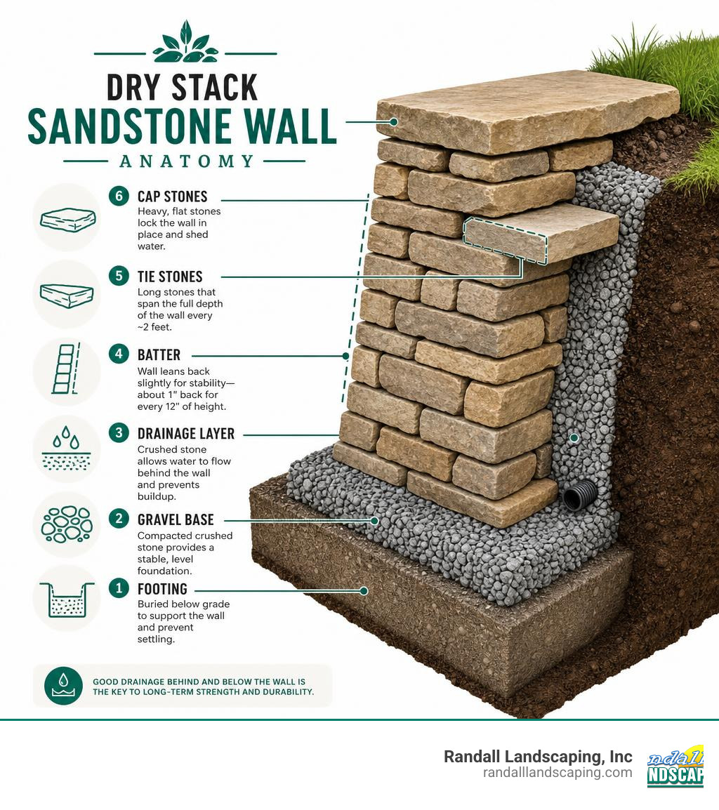 Dry stack sandstone wall anatomy showing footing, gravel base, drainage layer, batter, tie stones, and cap stones infographic
