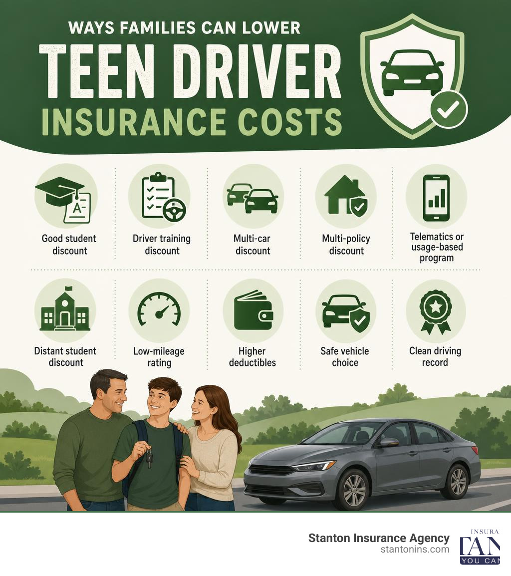 Ways families can lower teen driver insurance costs infographic