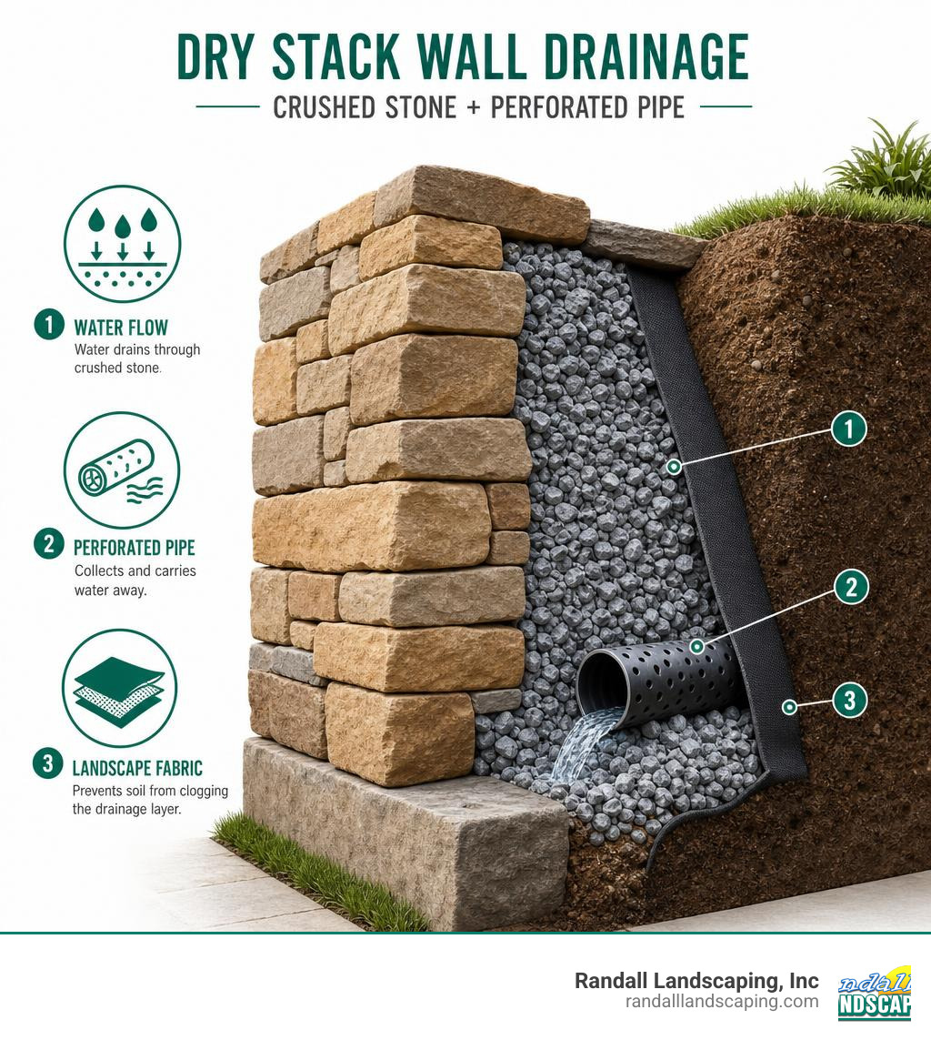 dry stack wall drainage layer with perforated pipe and crushed stone infographic
