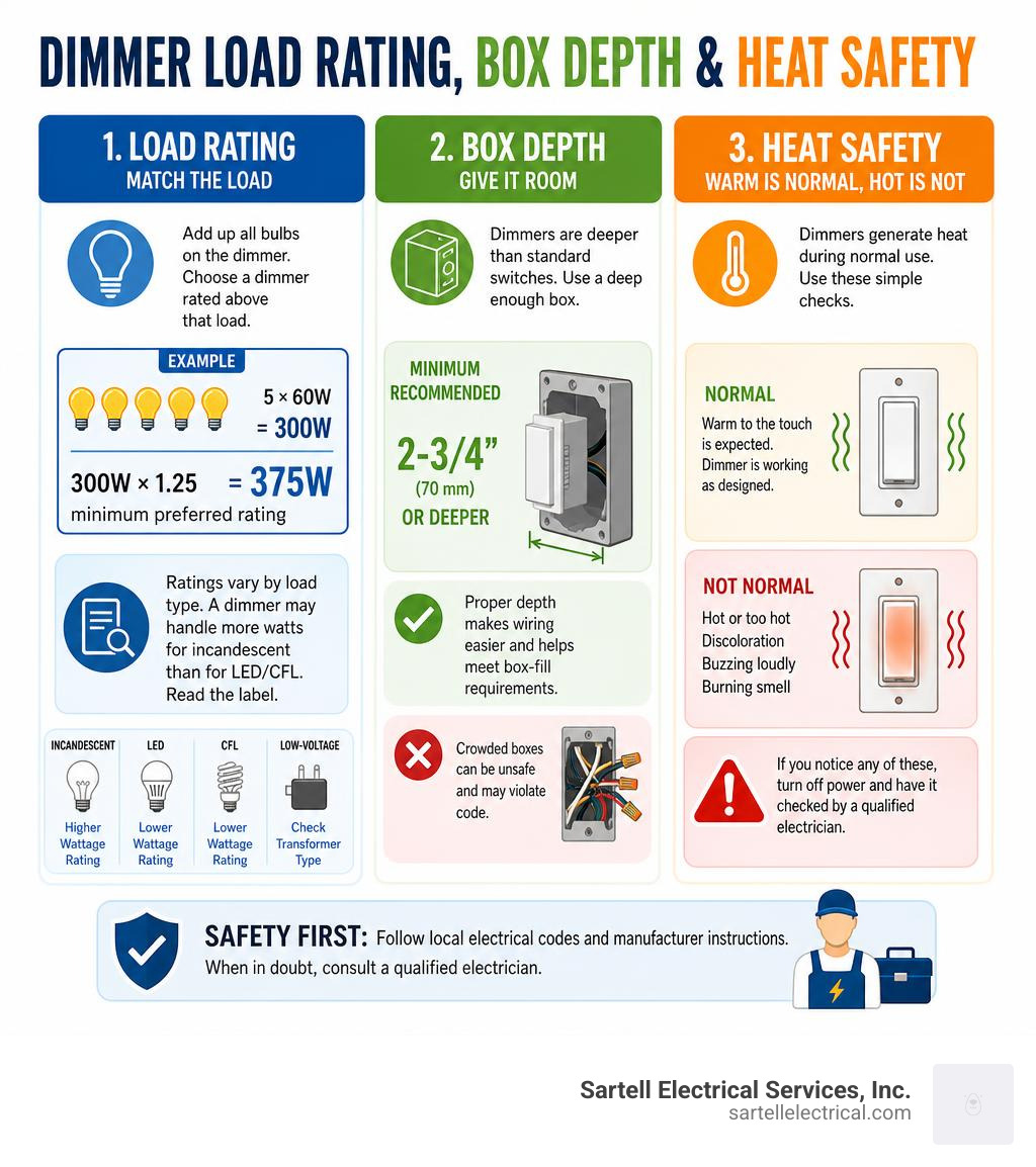 Infographic comparing dimmer load rating box depth and heat safety checks infographic