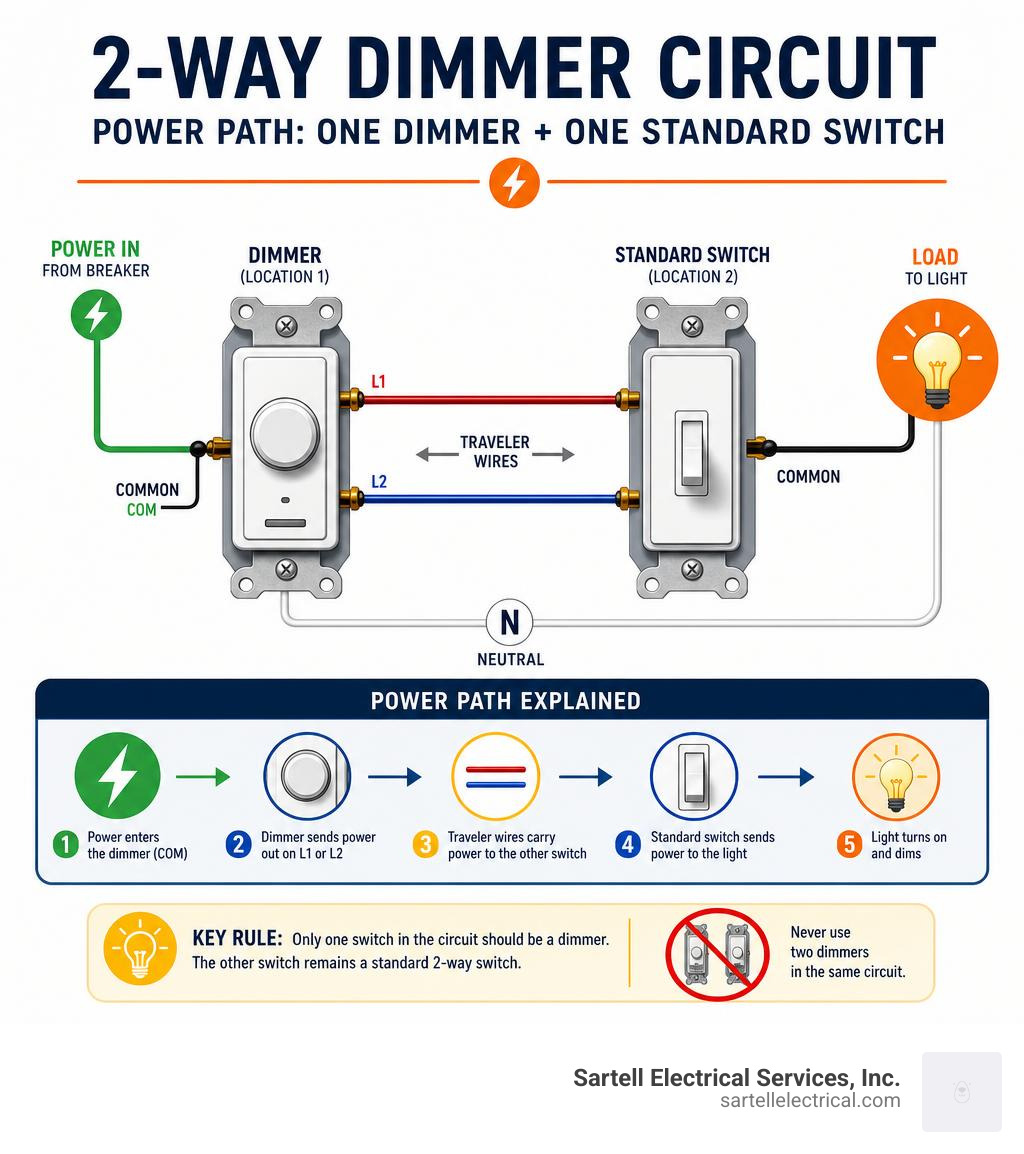 Infographic showing power path through a 2-way dimmer circuit with one dimmer and one standard switch infographic