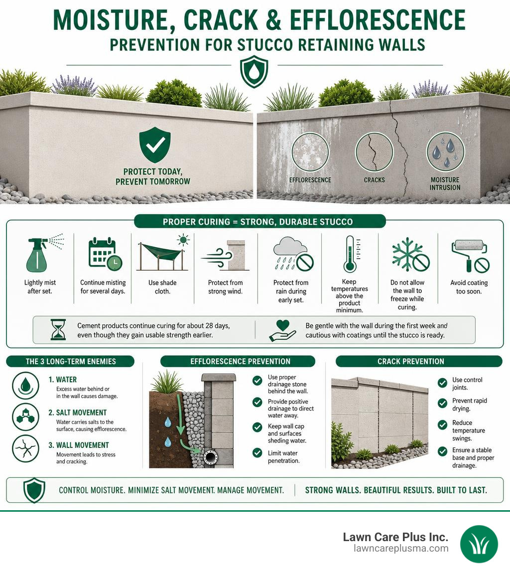 moisture crack and efflorescence prevention infographic for stucco retaining walls infographic