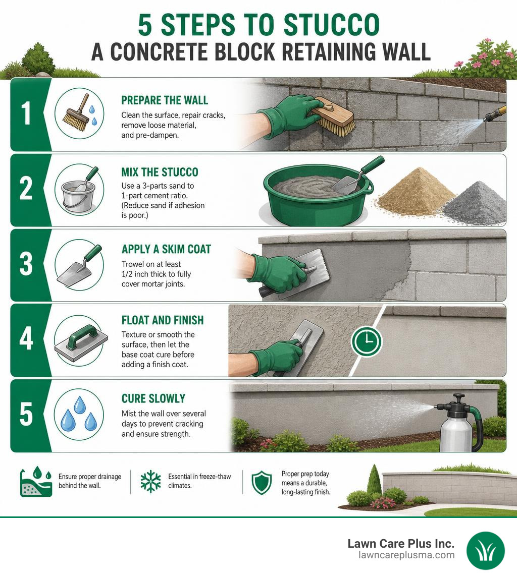 5-step infographic for applying stucco to a concrete block retaining wall infographic