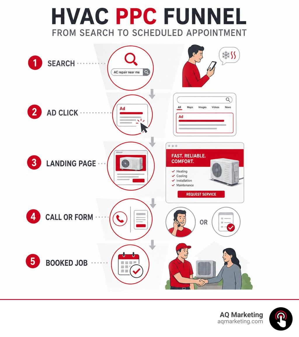 Infographic: HVAC PPC funnel from search query to scheduled appointment, showing steps: search, ad click, landing page, call Infographic: HVAC PPC funnel from search query to scheduled appointment, showing steps: search, ad click, landing page, call
