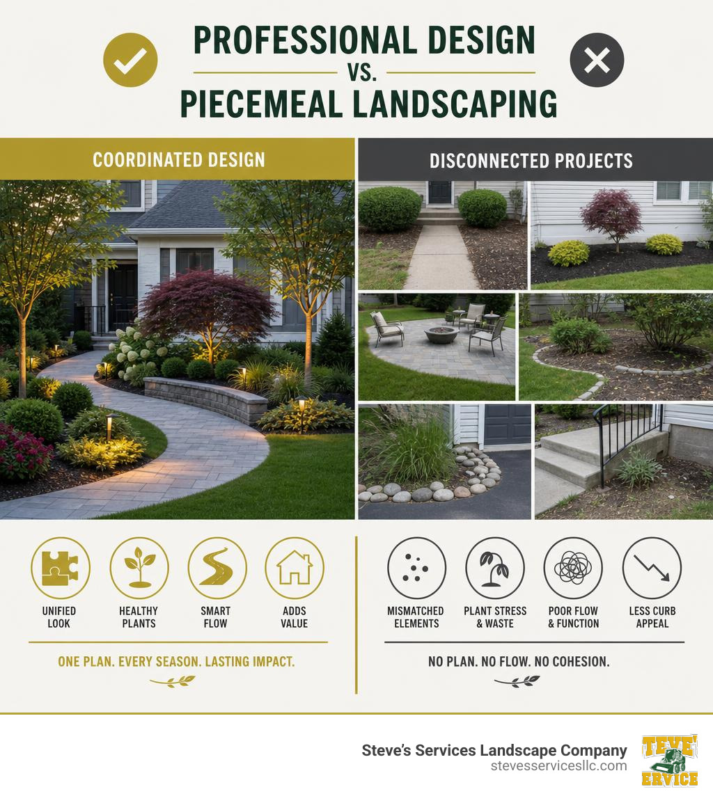 Coordinated landscape design compared with disconnected one off landscaping projects infographic Coordinated landscape design compared with disconnected one off landscaping projects infographic