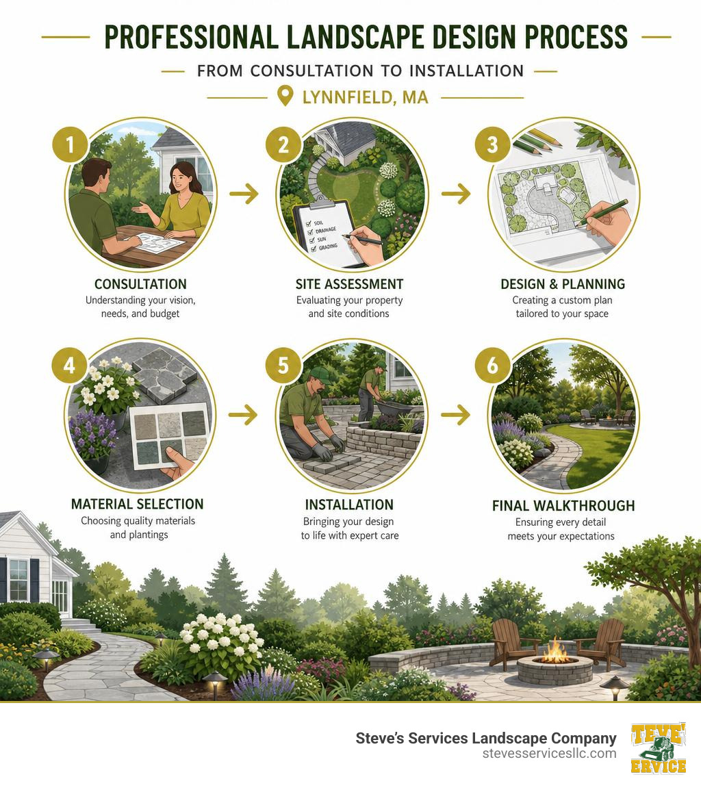 Professional landscape design process steps from consultation to installation in Lynnfield MA infographic Professional landscape design process steps from consultation to installation in Lynnfield MA infographic