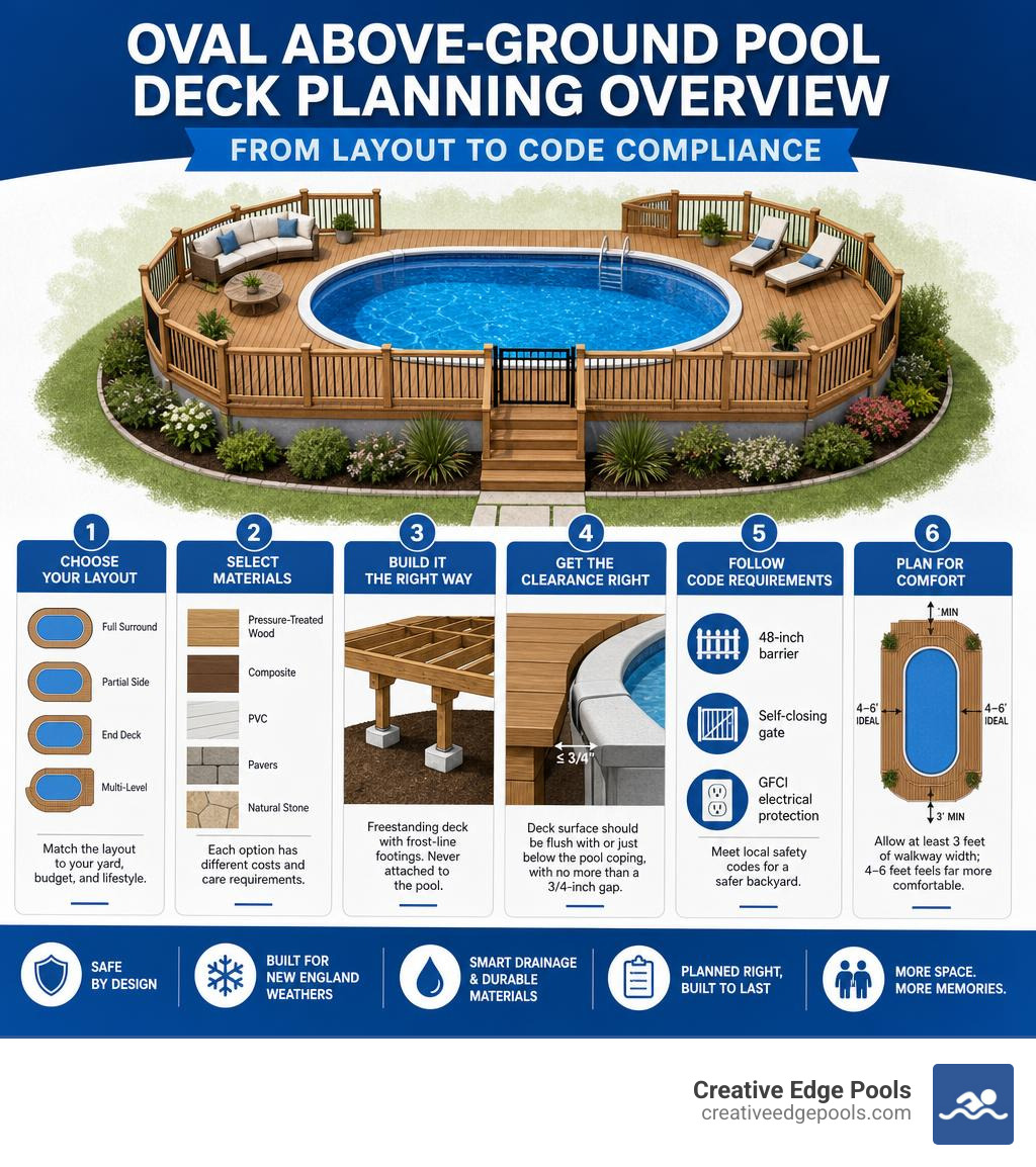 Oval above-ground pool deck planning overview from layout to code compliance infographic infographic