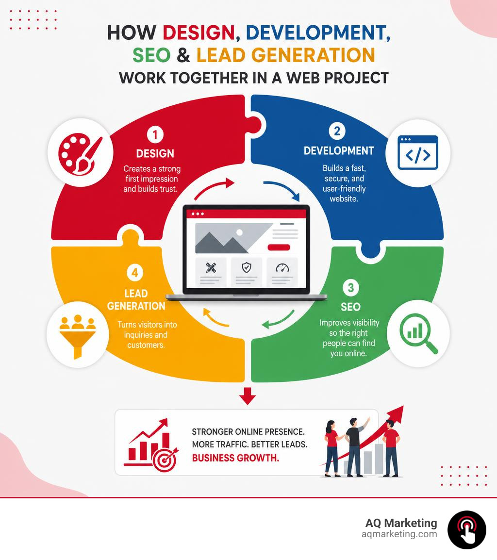 Infographic showing how design, development, SEO, and lead generation work together in a web project infographic Infographic showing how design, development, SEO, and lead generation work together in a web project infographic