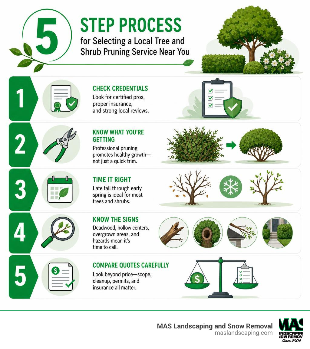 5-step process for selecting a local tree and shrub pruning service near you infographic