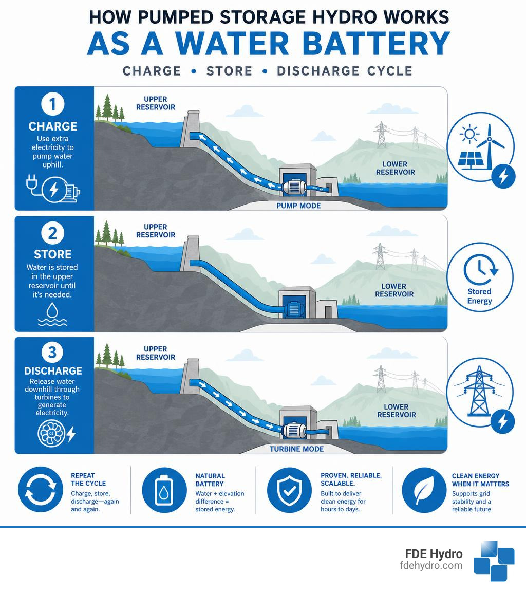 How pumped storage hydro works as a water battery — charge, store, discharge cycle infographic