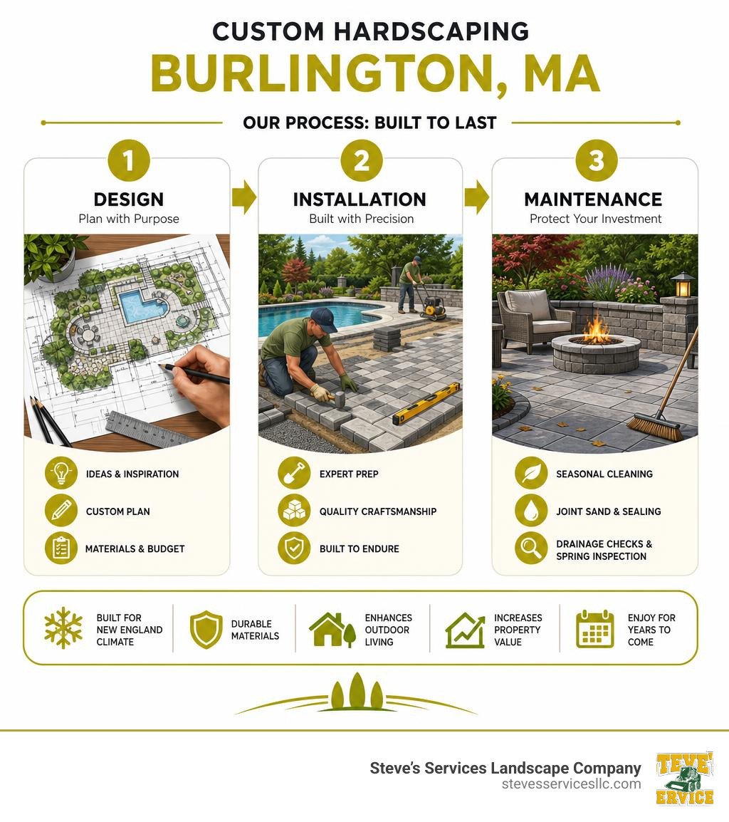 Custom hardscaping Burlington MA process infographic from design to installation to maintenance infographic