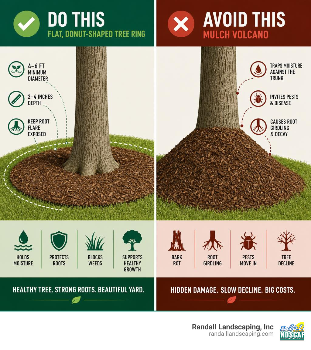 Infographic showing correct flat donut tree ring versus harmful mulch volcano shape infographic