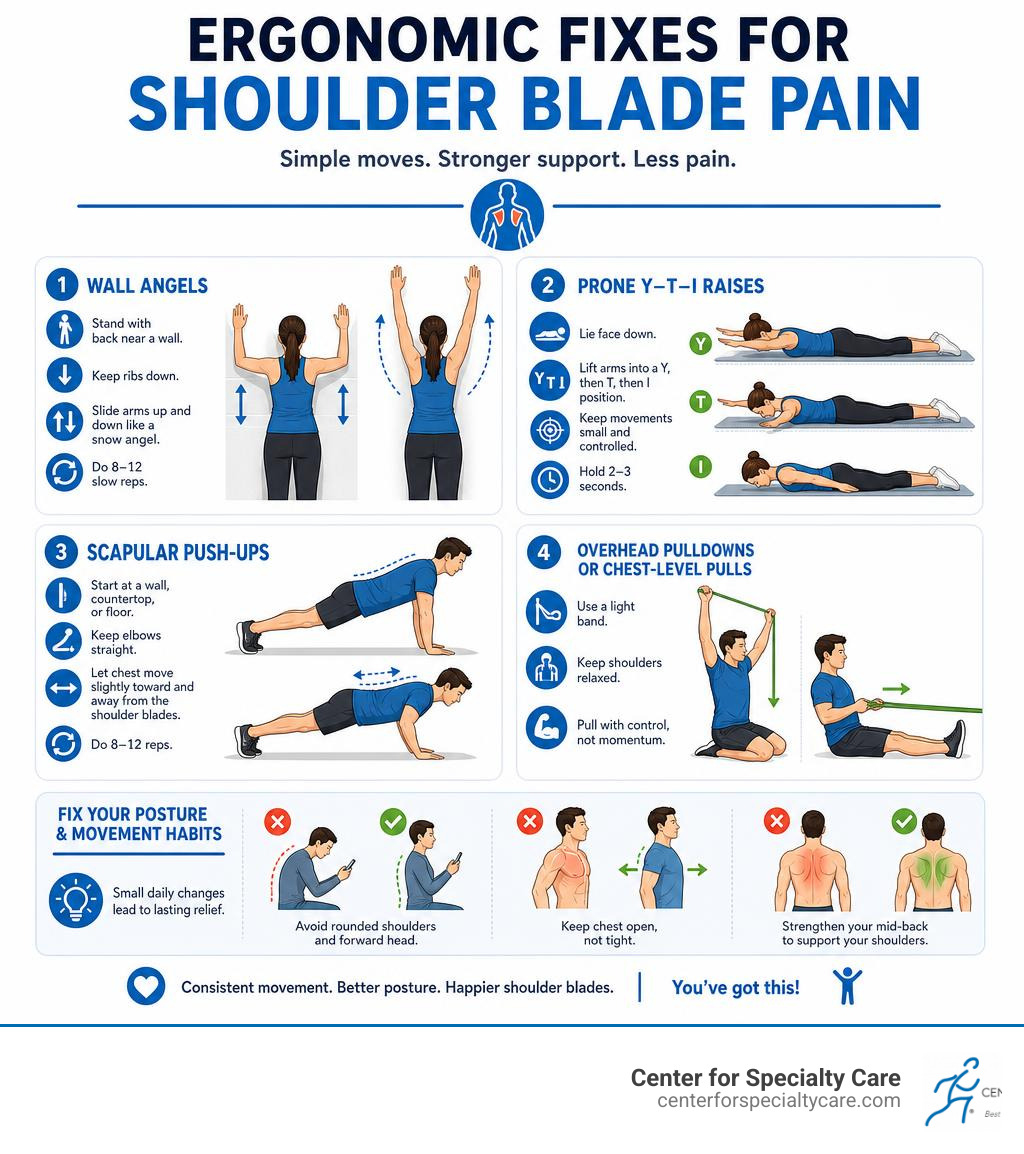 ergonomic fixes for shoulder blade pain infographic infographic