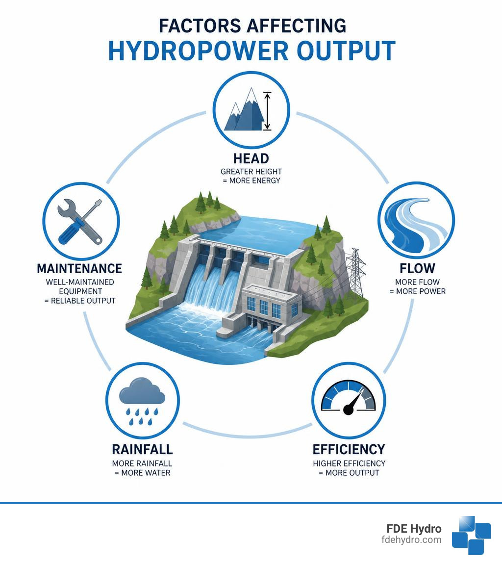 infographic showing factors affecting hydropower output head flow efficiency rainfall maintenance infographic infographic showing factors affecting hydropower output head flow efficiency rainfall maintenance infographic