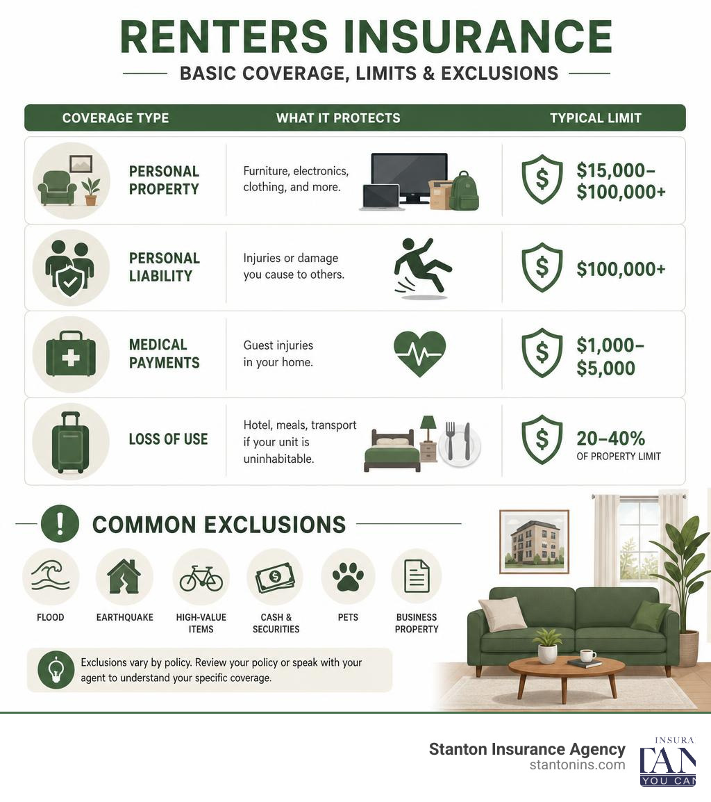 Infographic showing renters insurance basic coverage types, limits, and common exclusions infographic Infographic showing renters insurance basic coverage types, limits, and common exclusions infographic