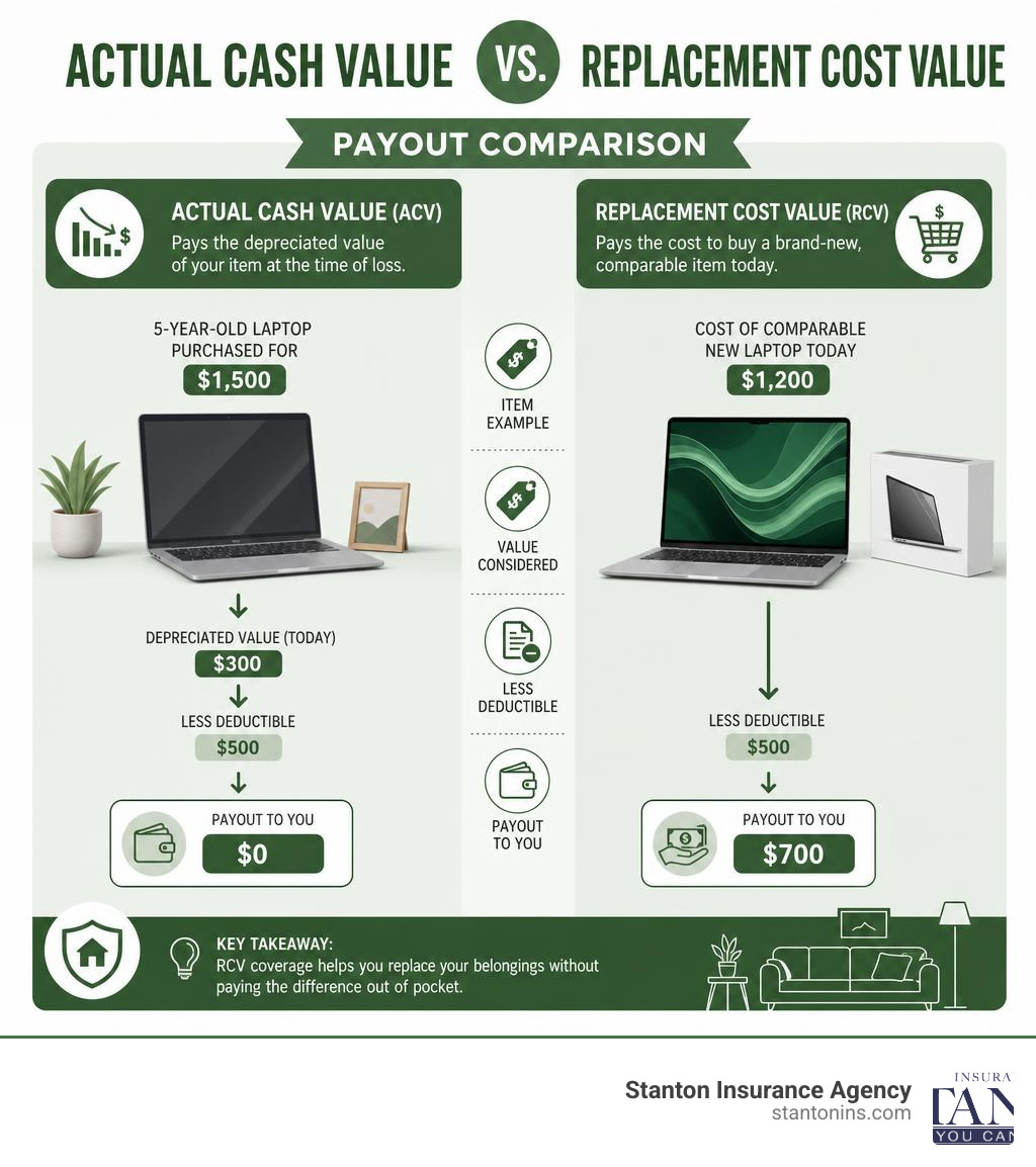 Actual Cash Value vs Replacement Cost Value payout comparison infographic Actual Cash Value vs Replacement Cost Value payout comparison infographic