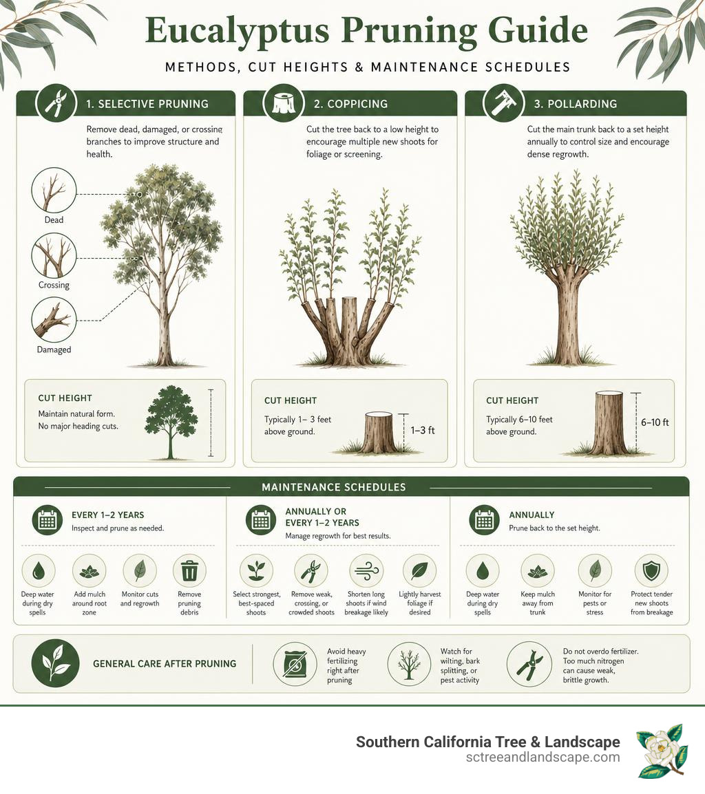 Infographic comparing eucalyptus pruning methods, cut heights, and maintenance schedules infographic