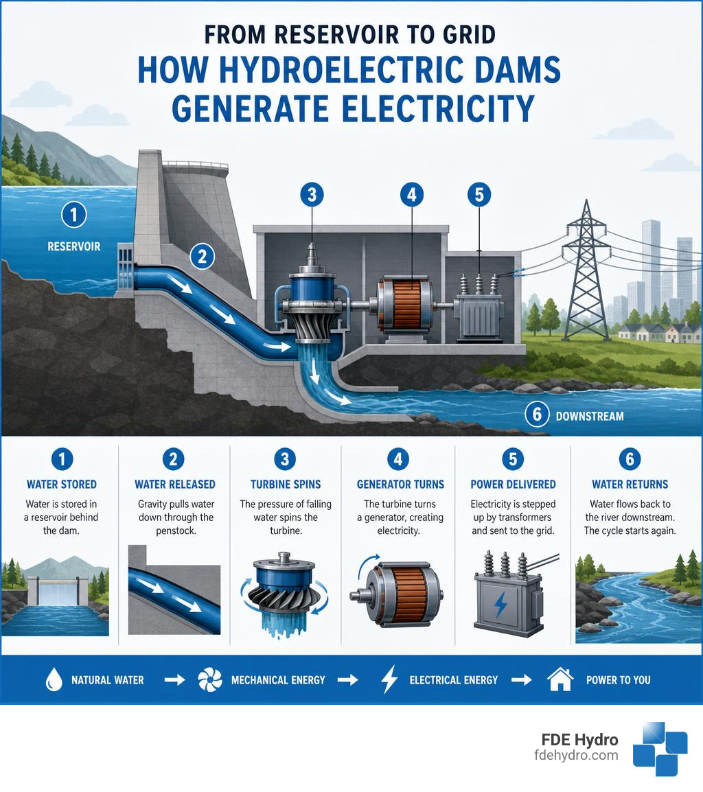 Infographic showing reservoir-to-grid electricity generation steps in a hydroelectric dam infographic Infographic showing reservoir-to-grid electricity generation steps in a hydroelectric dam infographic