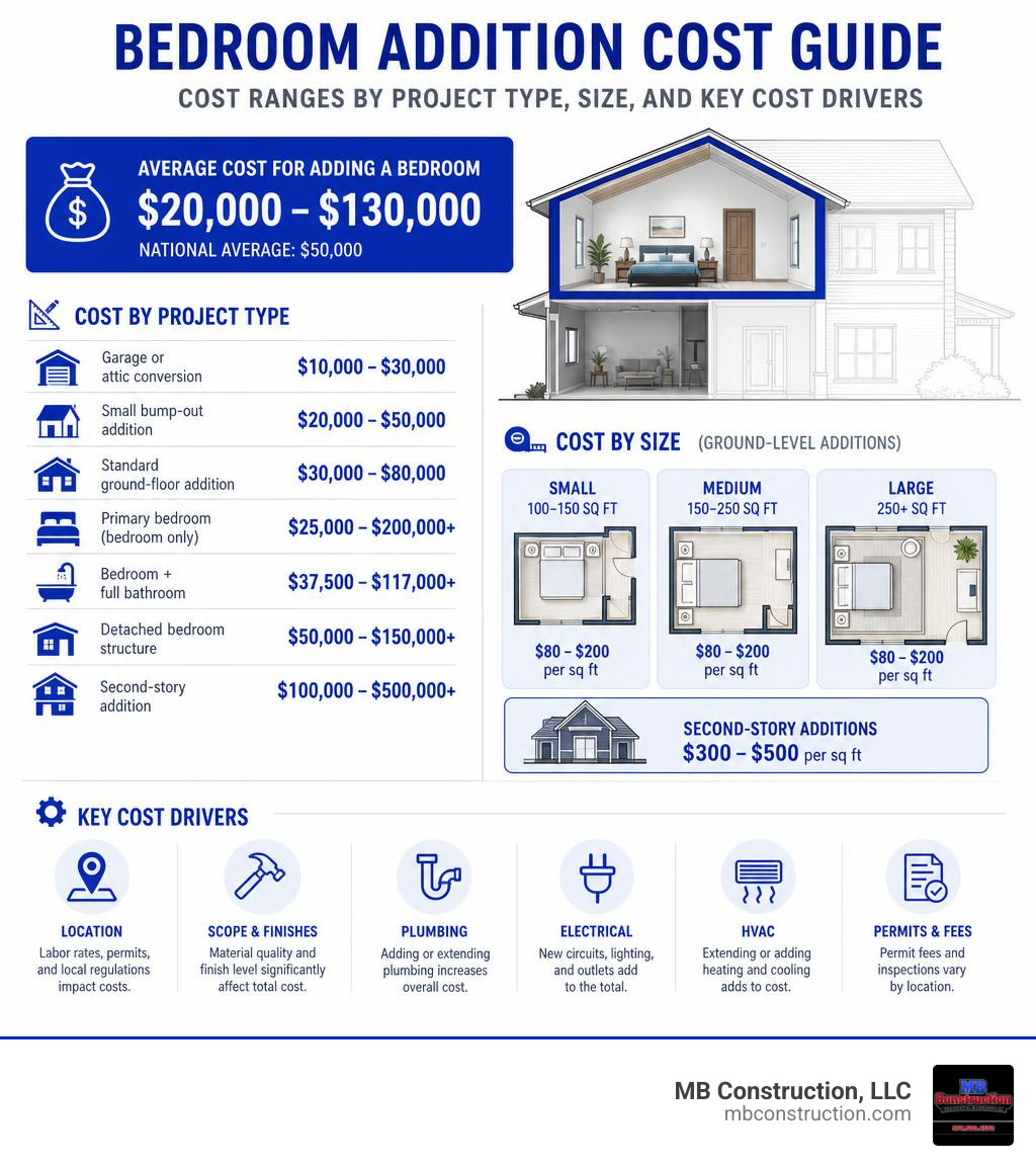 infographic showing bedroom addition cost ranges by project type, size, and key cost drivers infographic infographic showing bedroom addition cost ranges by project type, size, and key cost drivers infographic