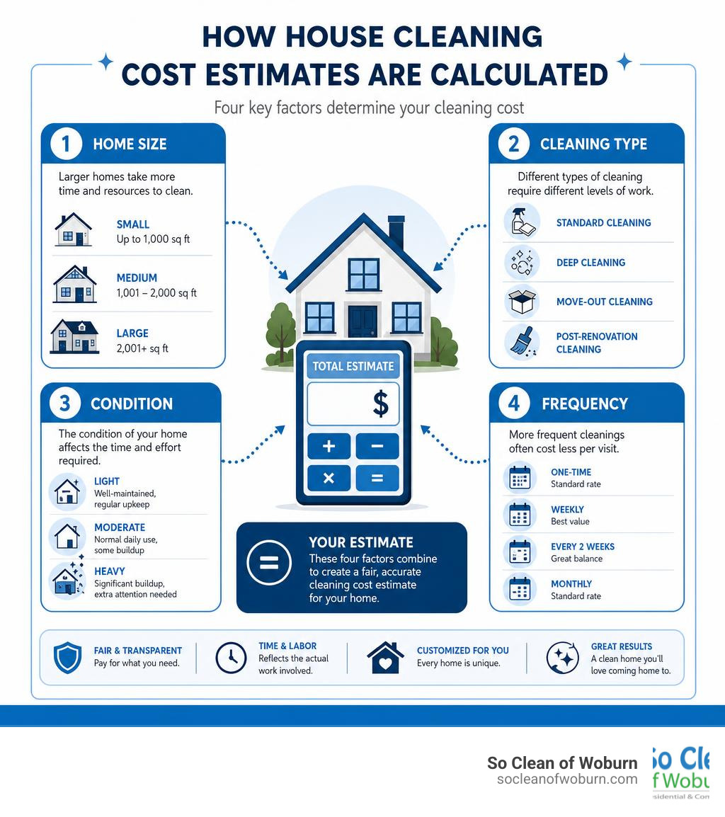 Infographic showing how house cleaning cost estimates are calculated by home size, cleaning type, condition, and frequency