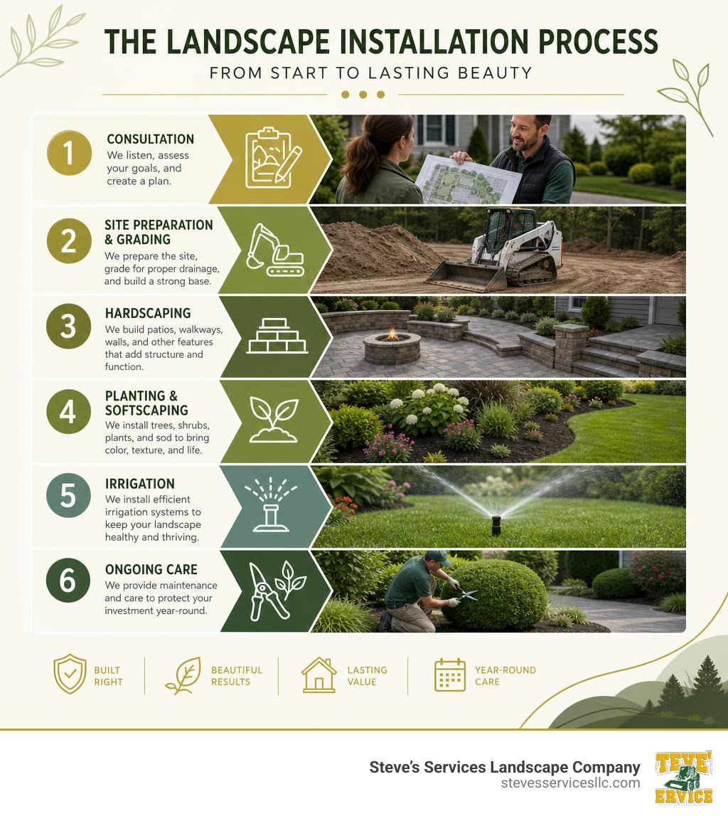 Infographic showing the professional landscape installation process from consultation through grading, hardscaping