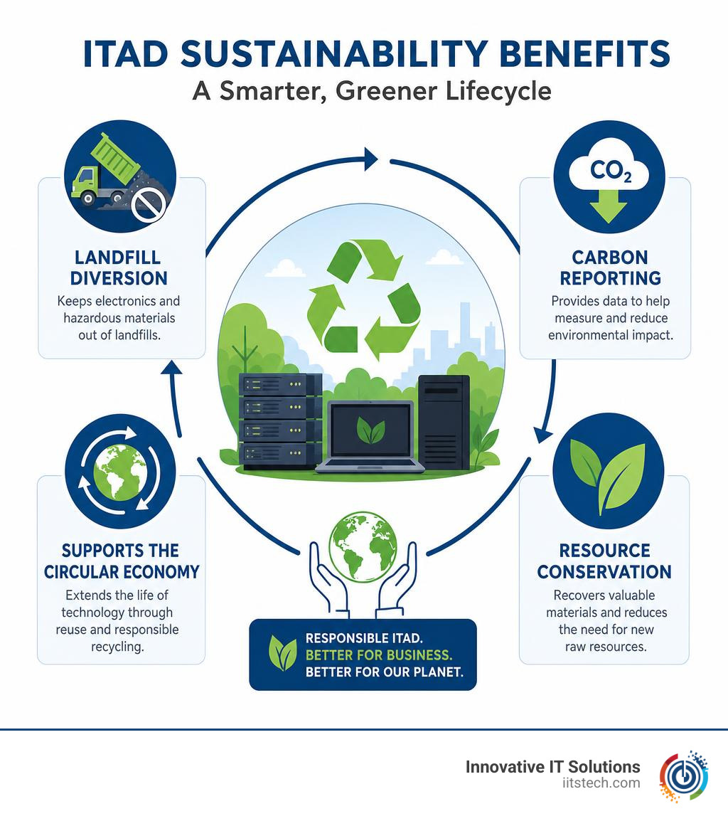ITAD sustainability benefits including landfill diversion and carbon reporting infographic ITAD sustainability benefits including landfill diversion and carbon reporting infographic