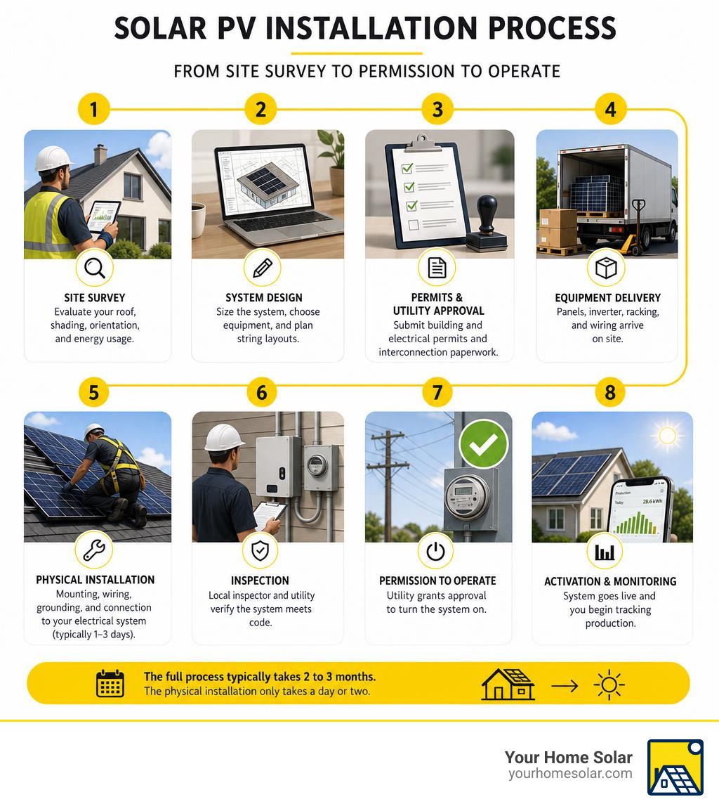 Solar PV installation process from site survey to permission to operate — step by step infographic infographic Solar PV installation process from site survey to permission to operate — step by step infographic infographic