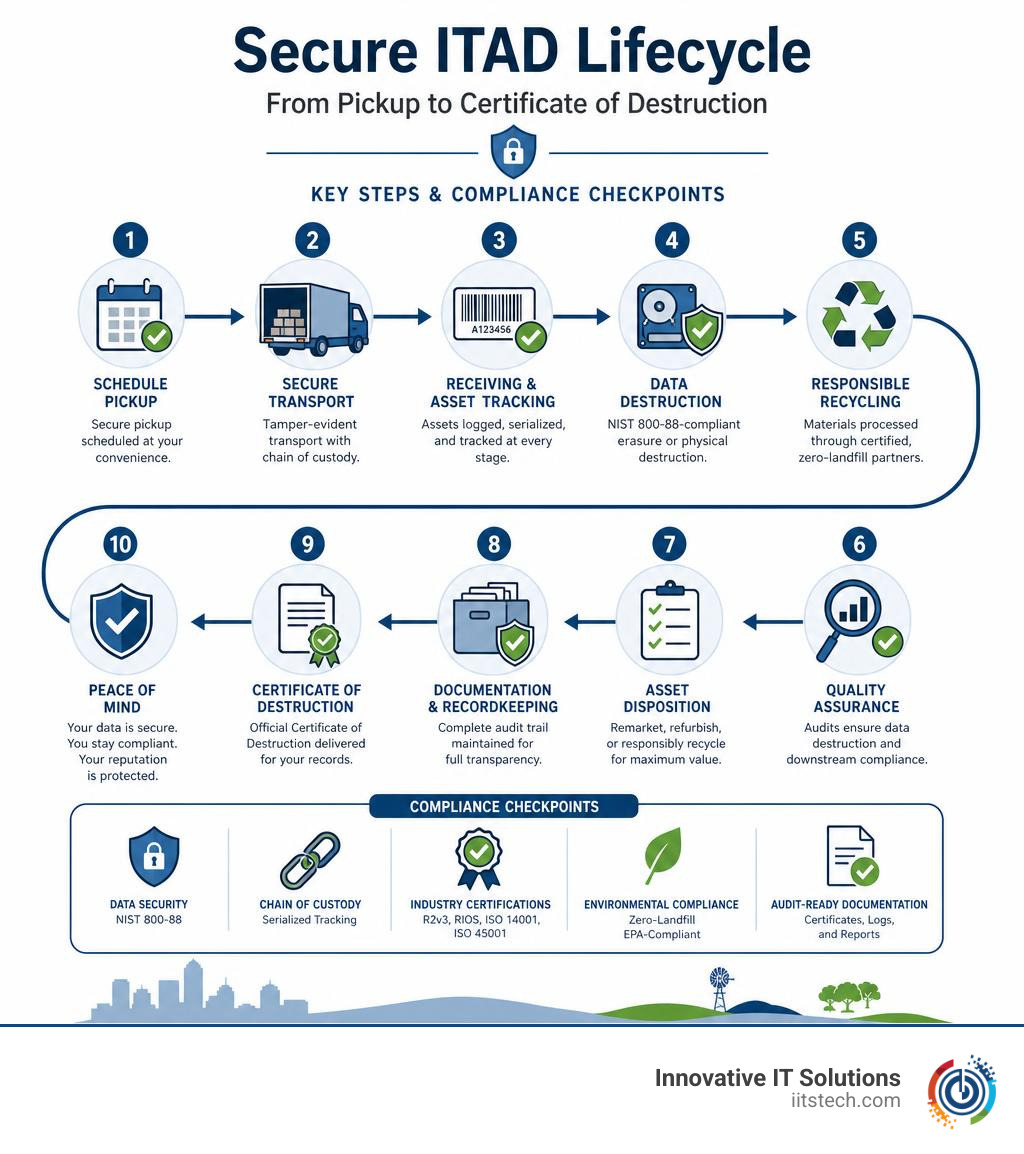 Secure ITAD lifecycle from pickup to Certificate of Destruction — key steps and compliance checkpoints infographic Secure ITAD lifecycle from pickup to Certificate of Destruction — key steps and compliance checkpoints infographic