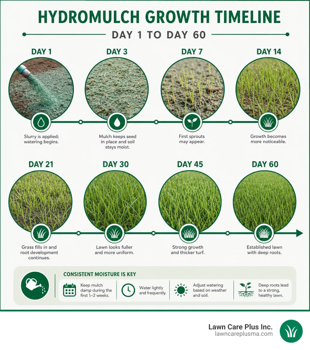 Infographic showing hydromulch growth timeline from day 1 to day 60 infographic