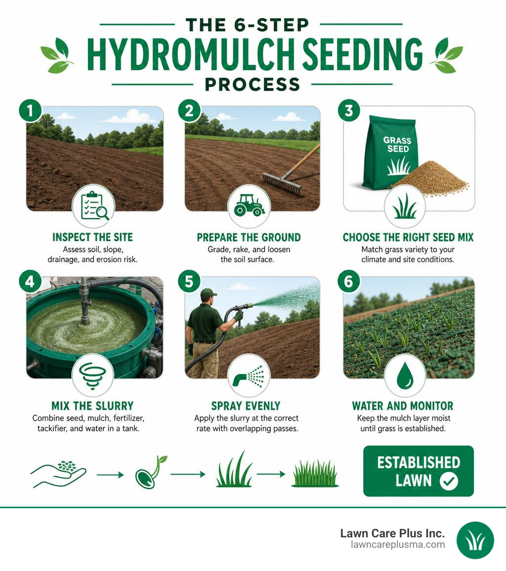 Infographic showing 6-step hydromulch seeding process from site prep to established lawn infographic