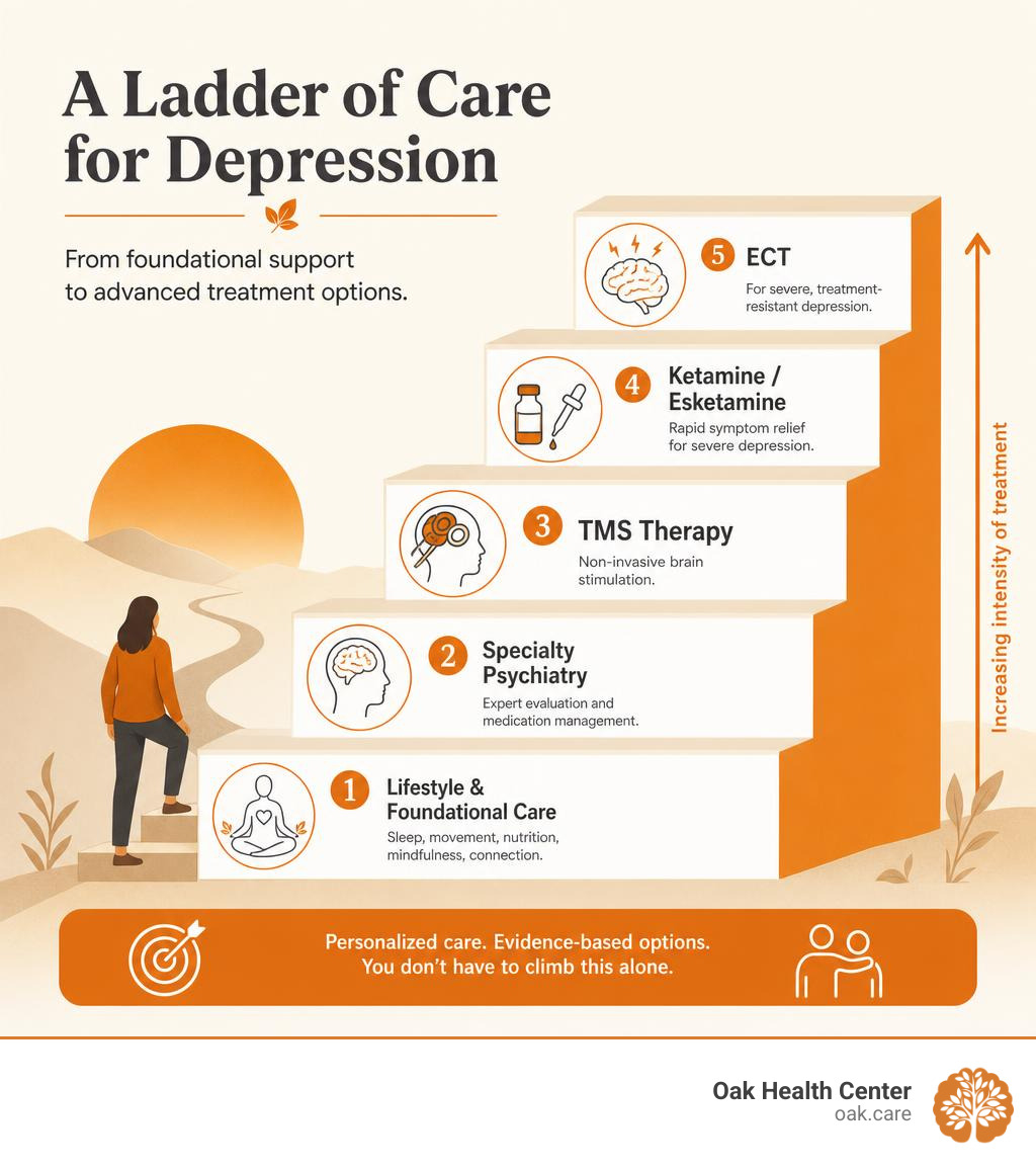 depression treatment ladder from lifestyle care to TMS, ketamine, ECT, and specialty psychiatry infographic depression treatment ladder from lifestyle care to TMS, ketamine, ECT, and specialty psychiatry infographic
