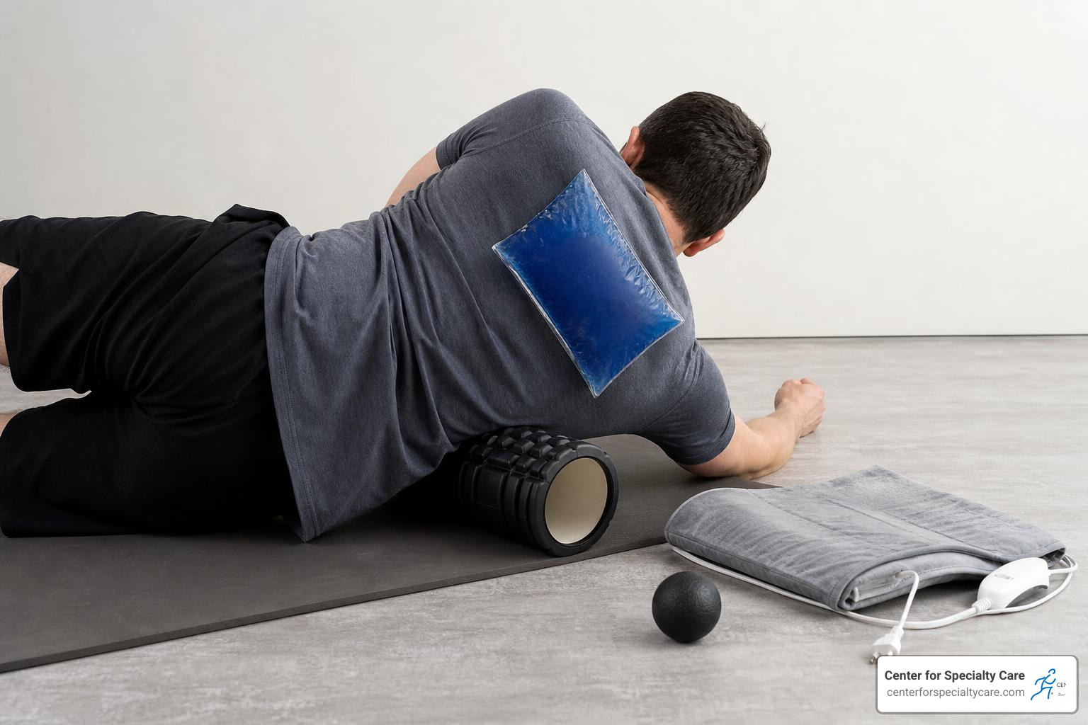 ice heat massage ball and shoulder blade stretch setup
