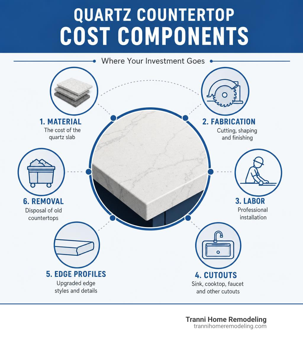 Infographic showing quartz countertop cost components: material, fabrication, labor, cutouts, edge profiles, and removal