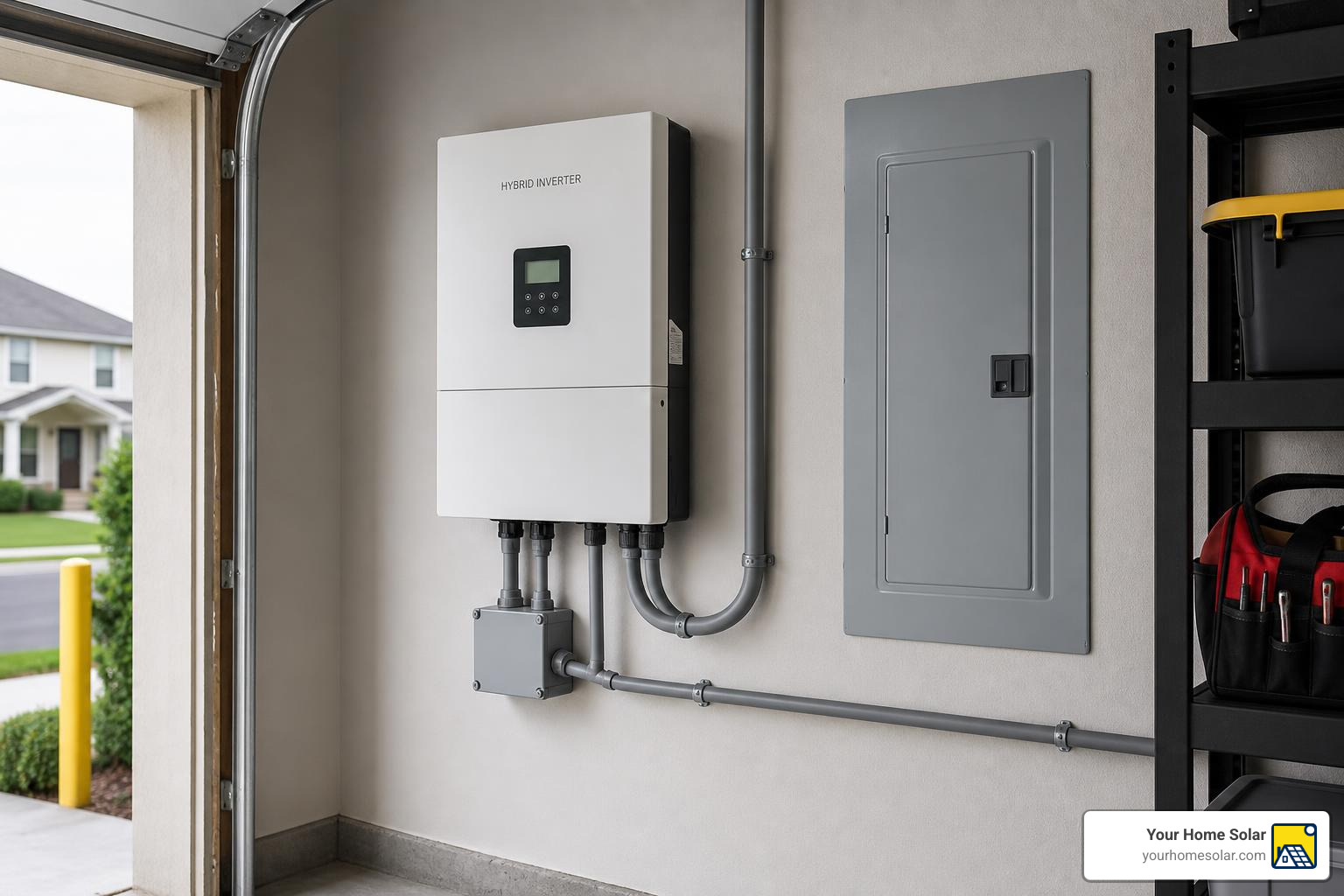 A modern hybrid inverter mounted next to a residential electrical panel A modern hybrid inverter mounted next to a residential electrical panel