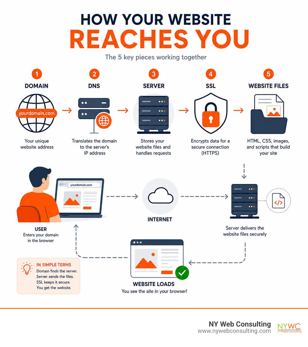 Infographic showing how domain, DNS, server, SSL, and website files connect to deliver a website infographic Infographic showing how domain, DNS, server, SSL, and website files connect to deliver a website infographic