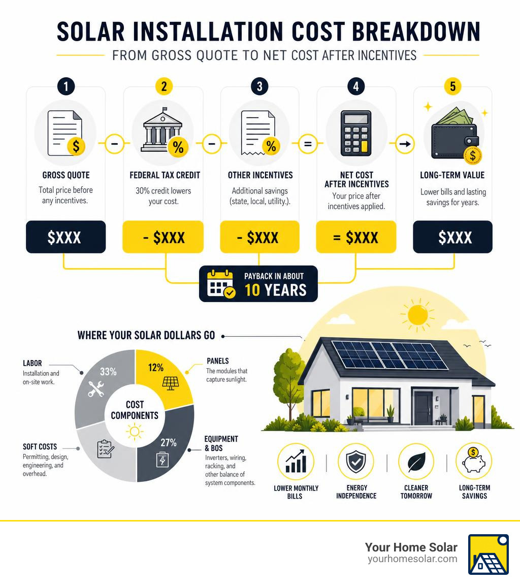 Infographic showing total solar installation cost breakdown from gross quote to net cost after incentives infographic Infographic showing total solar installation cost breakdown from gross quote to net cost after incentives infographic