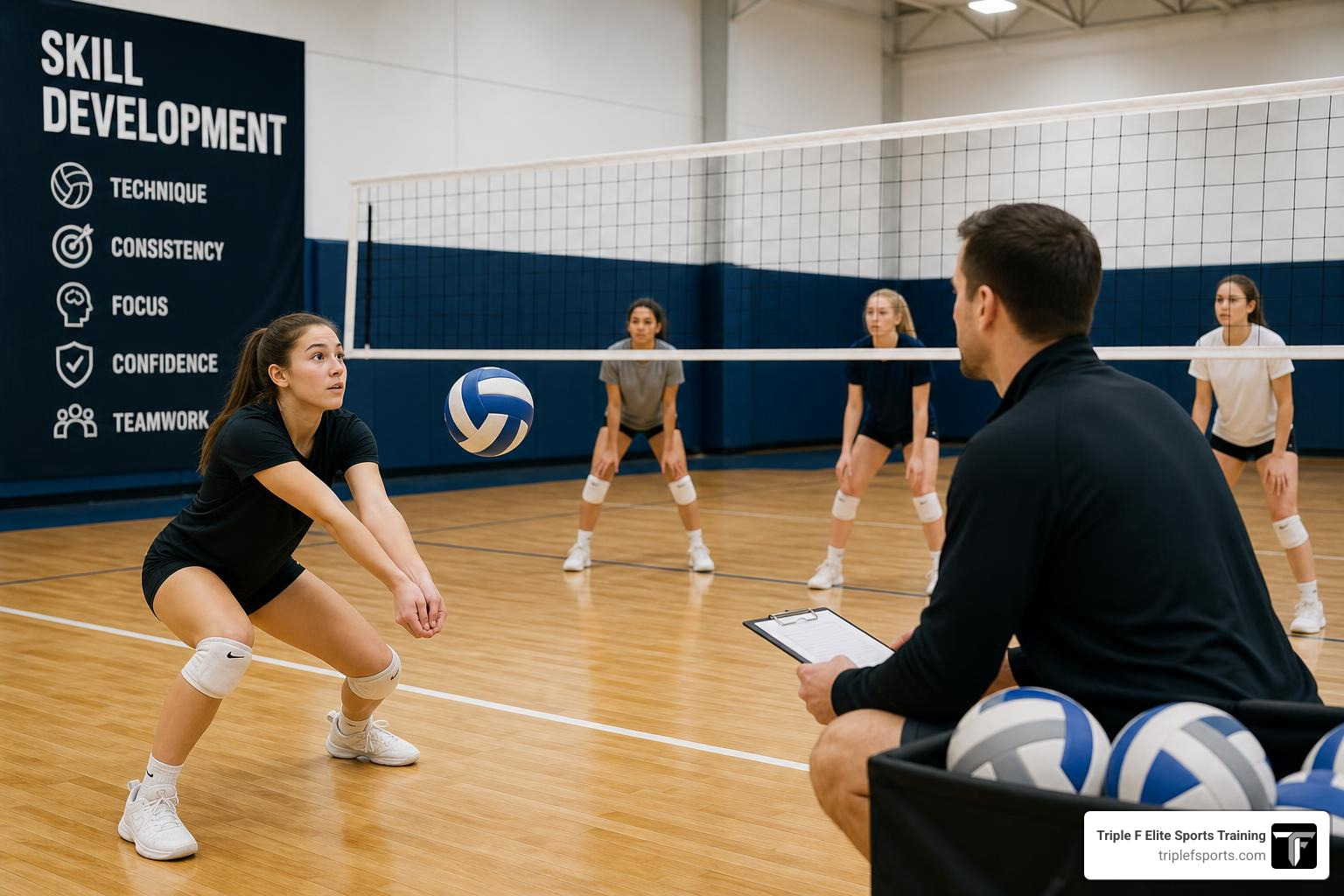 Volleyball players rotating through skills stations Volleyball players rotating through skills stations