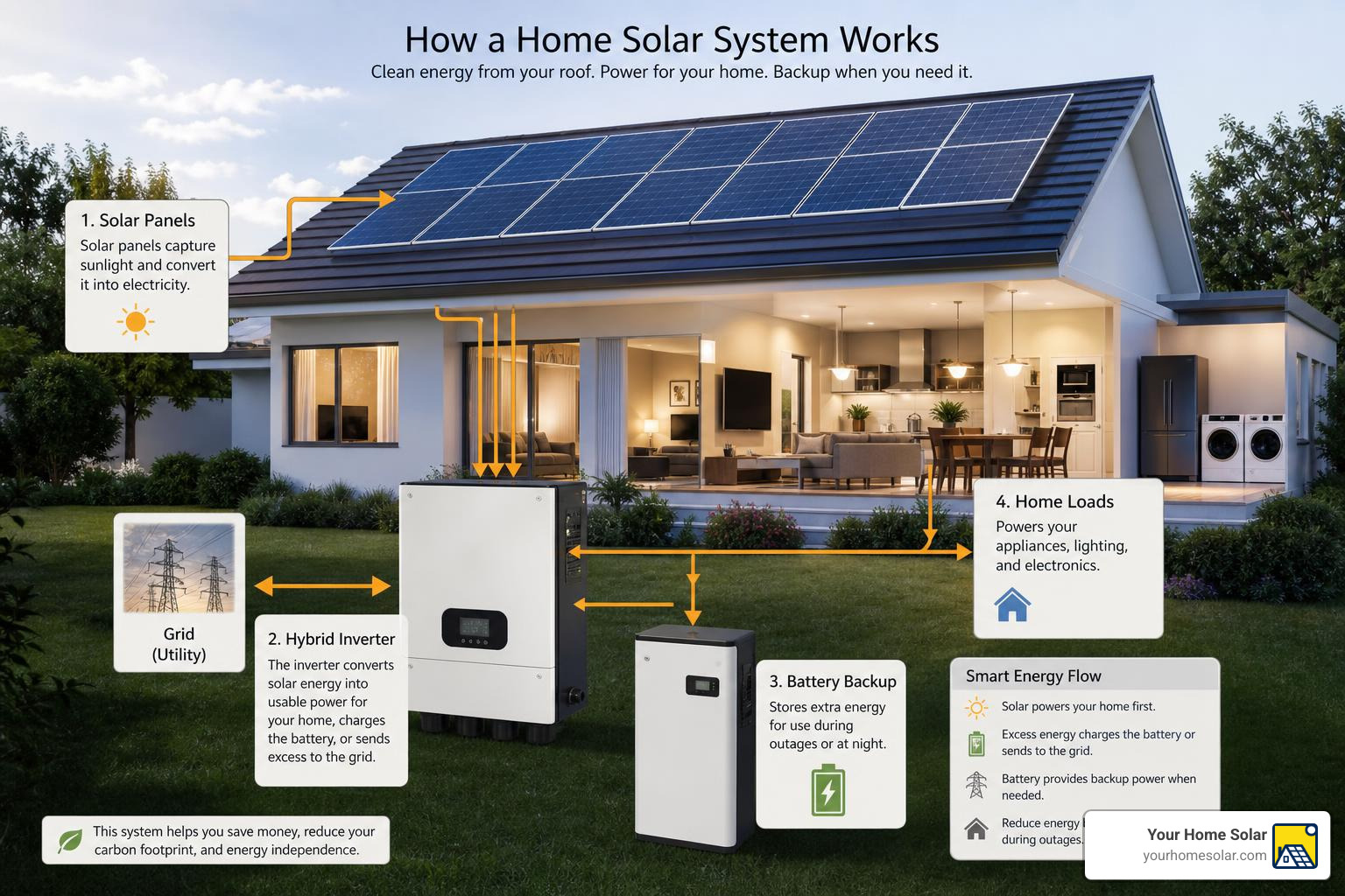 Home energy flow diagram showing solar panels, hybrid inverter, battery backup, and home loads Home energy flow diagram showing solar panels, hybrid inverter, battery backup, and home loads